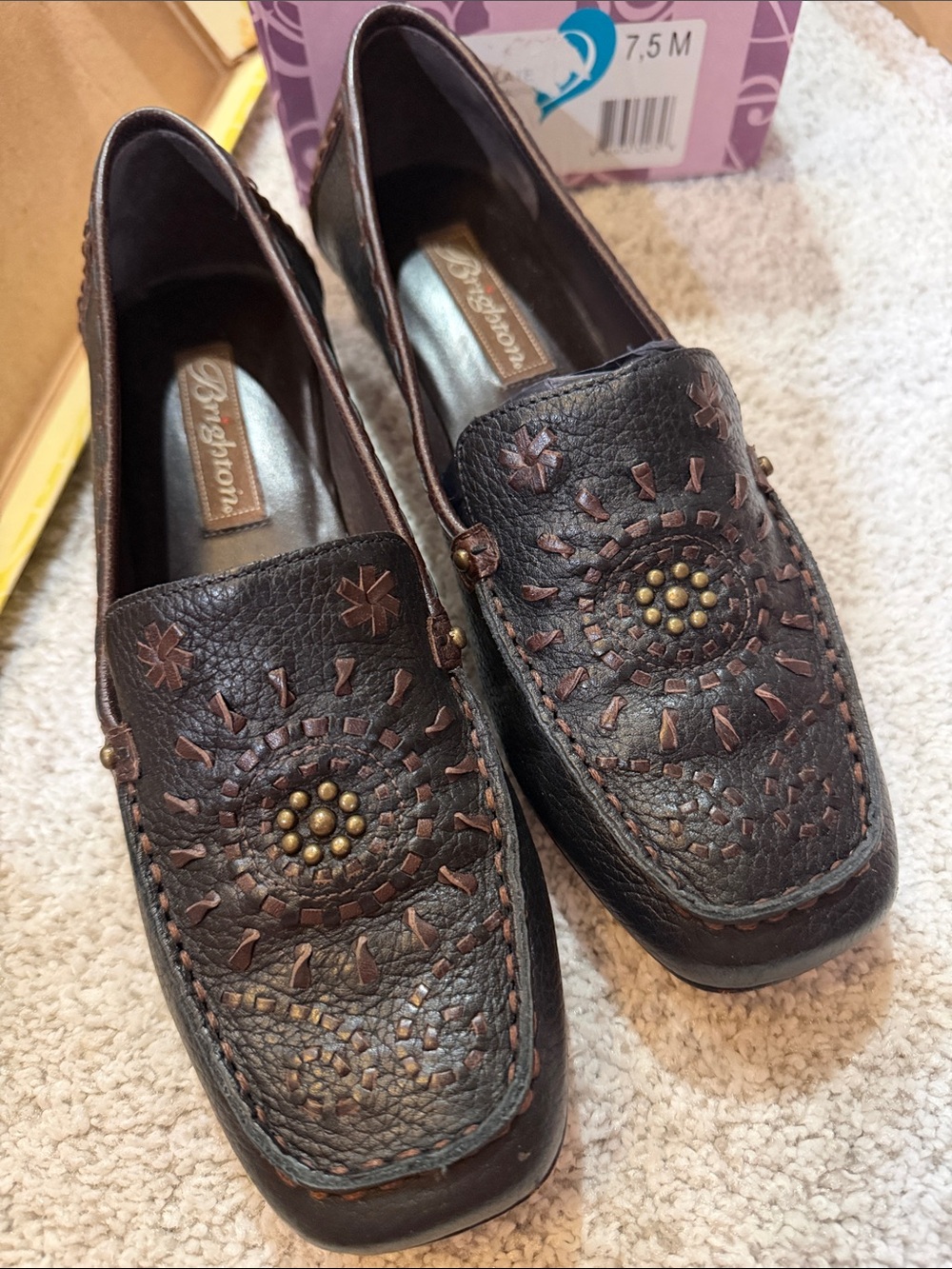 Brighton womens Dark Brown Embossed Leather Slip-Ons